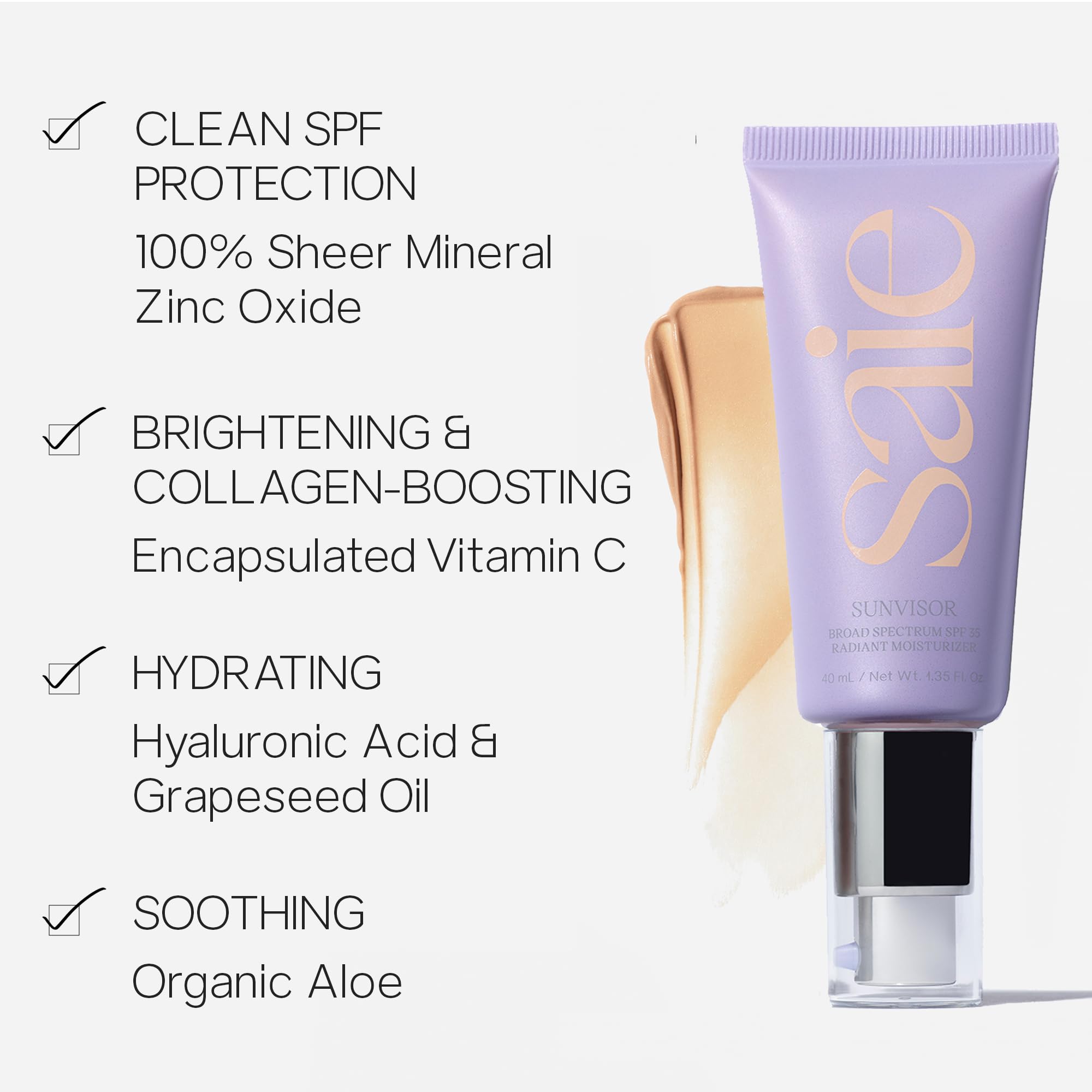 Saie Sunvisor SPF 35 Mineral Sunscreen Moisturizer – Hydrating, Dewy Skin with Vitamin C & Hyaluronic Acid