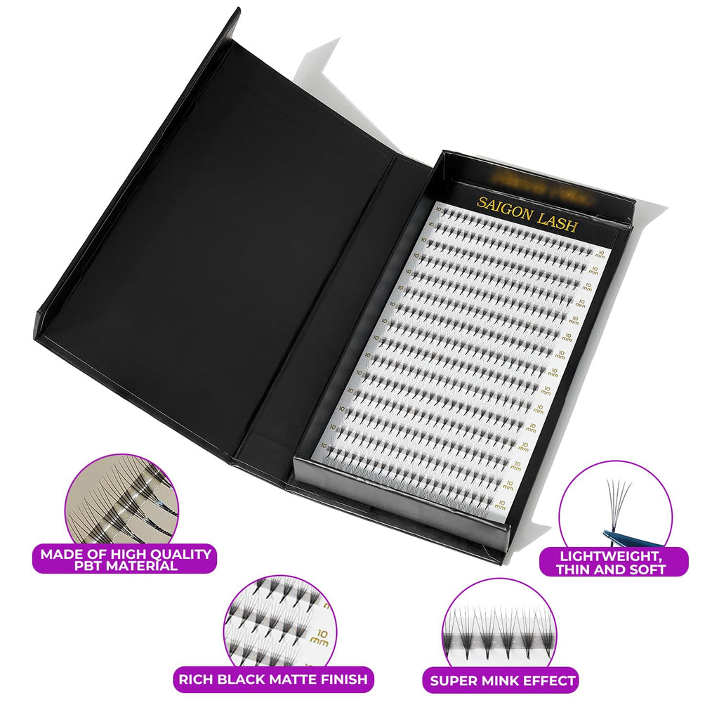 SAIGON LASH Wispy Promade Fans 3D 5D 6D 8D – Narrow Base Laser Tech Eyelash Extensions (6–15mm)
