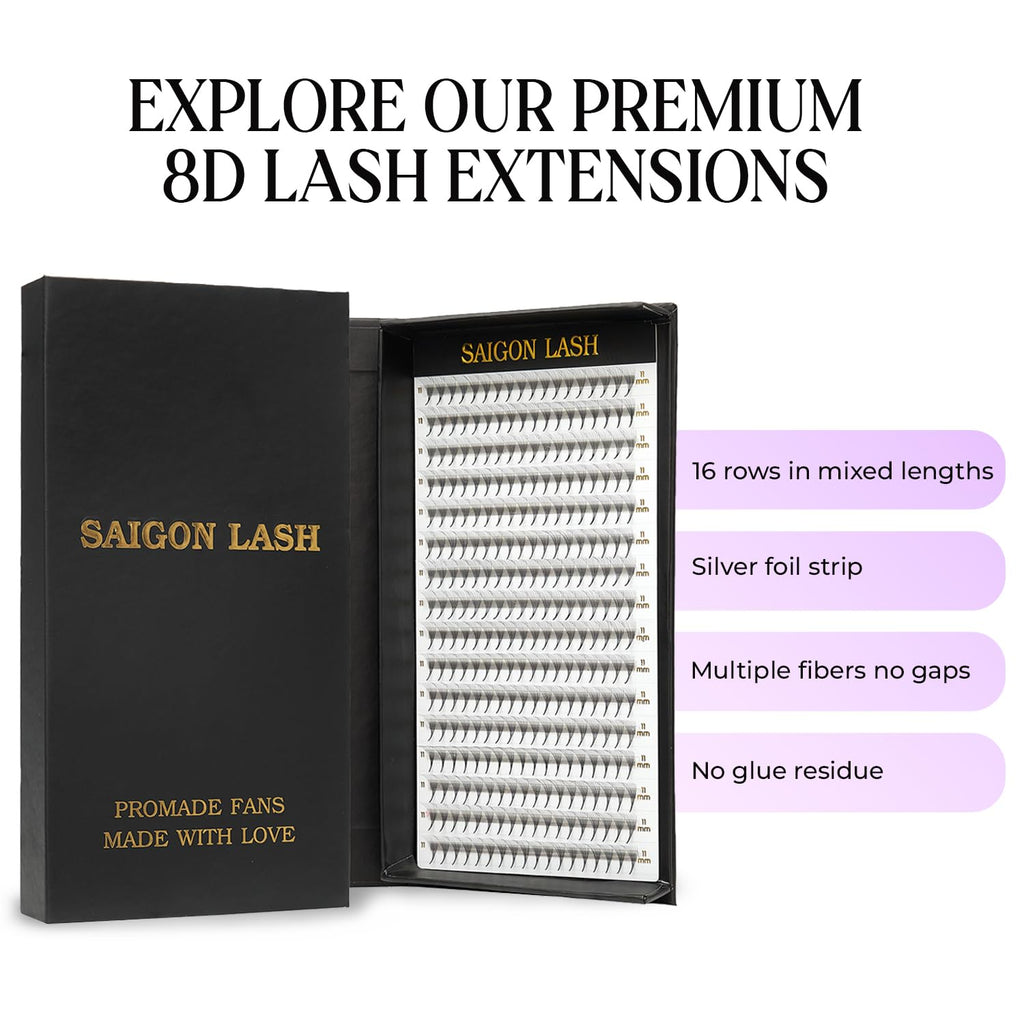 SAIGON LASH Wispy Promade Fans 3D-8D | Narrow Base Laser Tech Eyelash Extensions