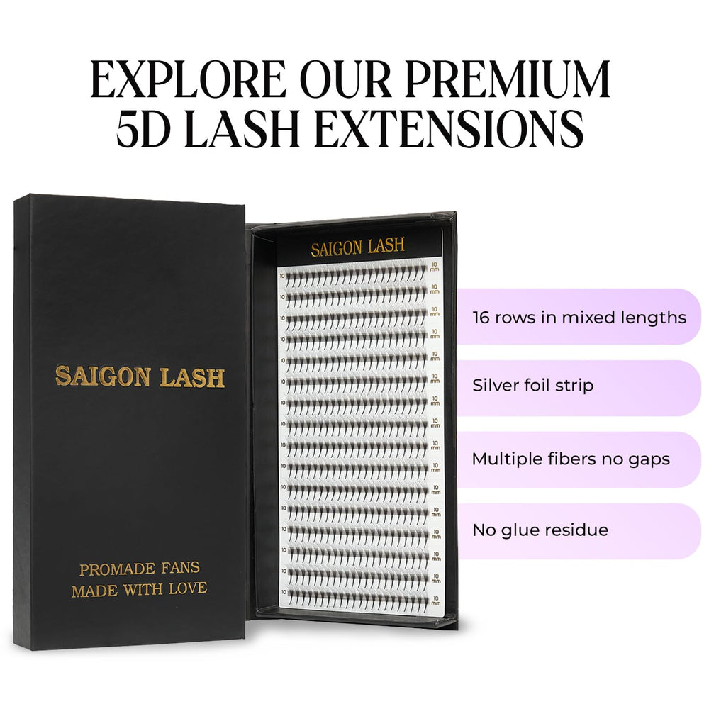 SAIGON LASH Wispy Promade Fans 3D-8D | Narrow Base Laser Tech Lashes (C/D Curl, 6–15mm)