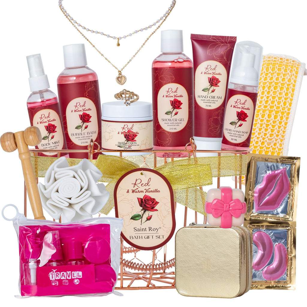 Saint Roy 21-Piece Bath & Body Gift Basket – Rose Vanilla Spa Set for Women