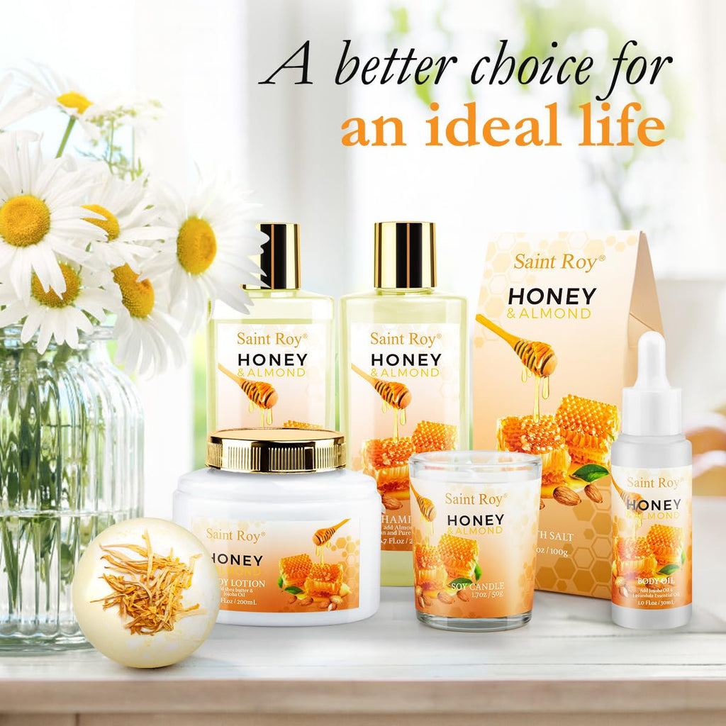 Saint Roy Christmas Gifts for Women Bath and Body Gift Set | Luxury Home Spa Kit with Almond Honey Scent