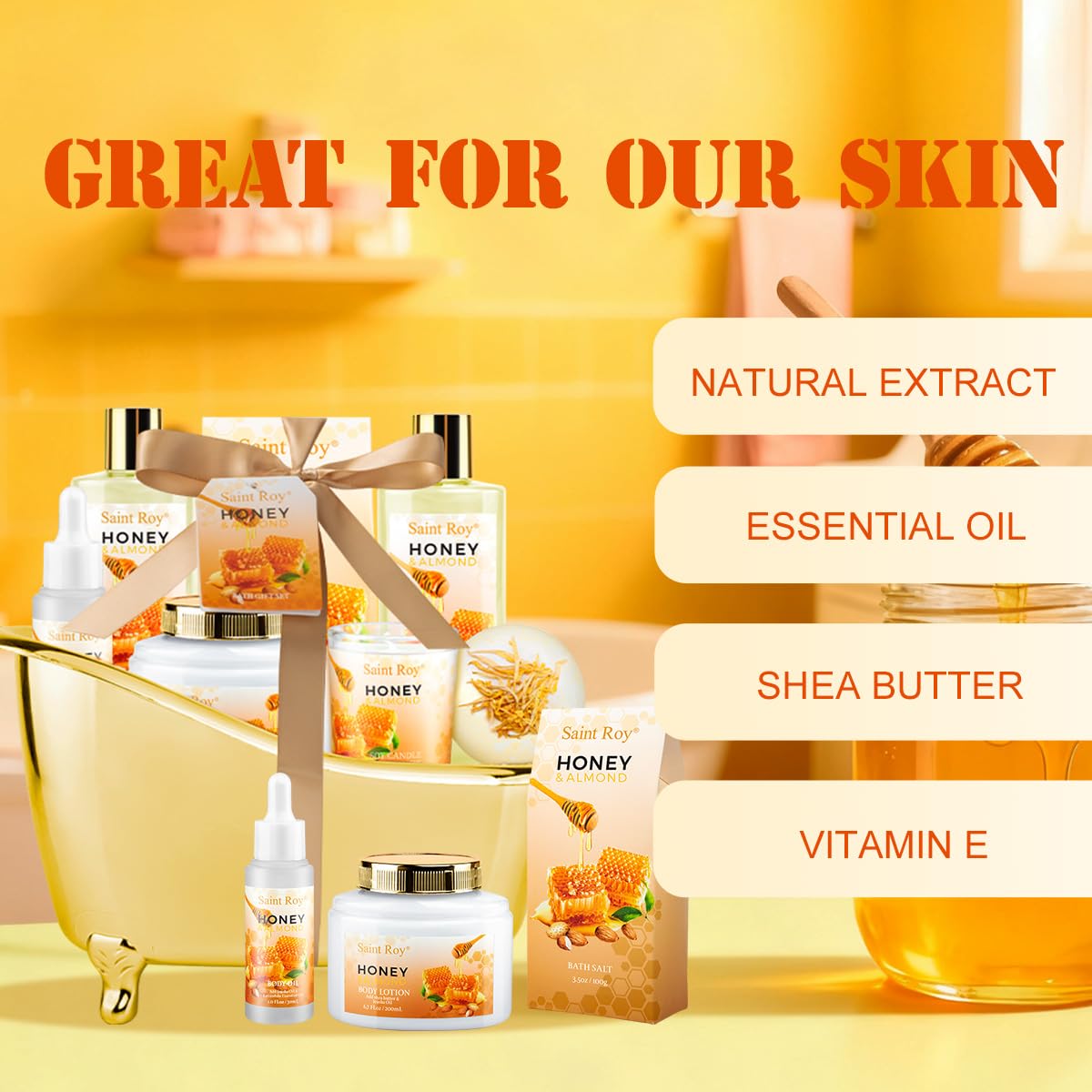 Saint Roy Christmas Gifts for Women Bath and Body Gift Set | Luxury Home Spa Kit with Almond Honey Scent