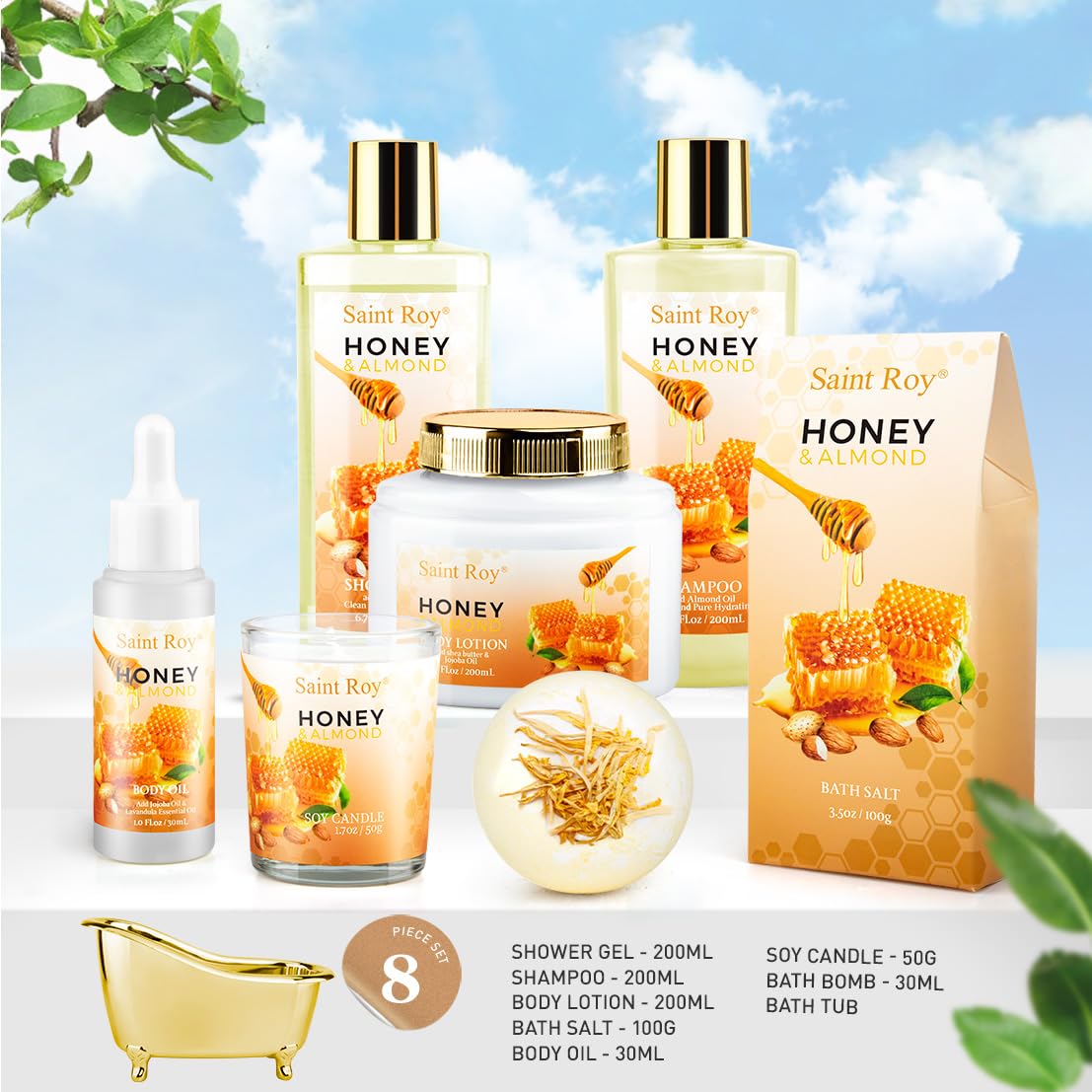 Saint Roy Christmas Gifts for Women Bath and Body Gift Set | Luxury Home Spa Kit with Almond Honey Scent