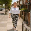 Black White Bold Floral Elastic Waist Trousers