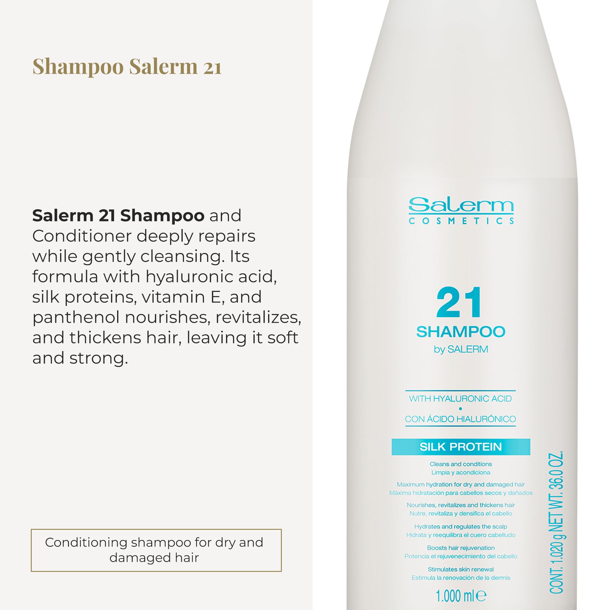 SALERM 21 Hydrating Shampoo with Silk Proteins – 1000 ml for Dry & Damaged Hair | Heat Protection