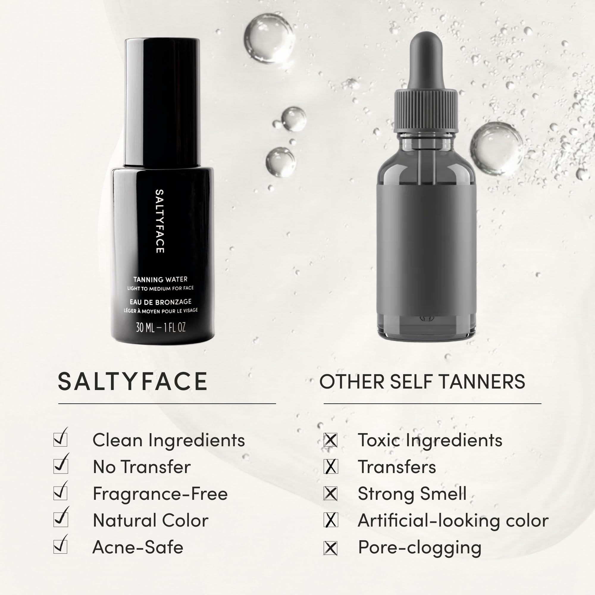 Saltyface Tanning Water (Light to Medium) – Oil-Free, Fragrance-Free Self Tanner for Face, Neck, Ears, Chest