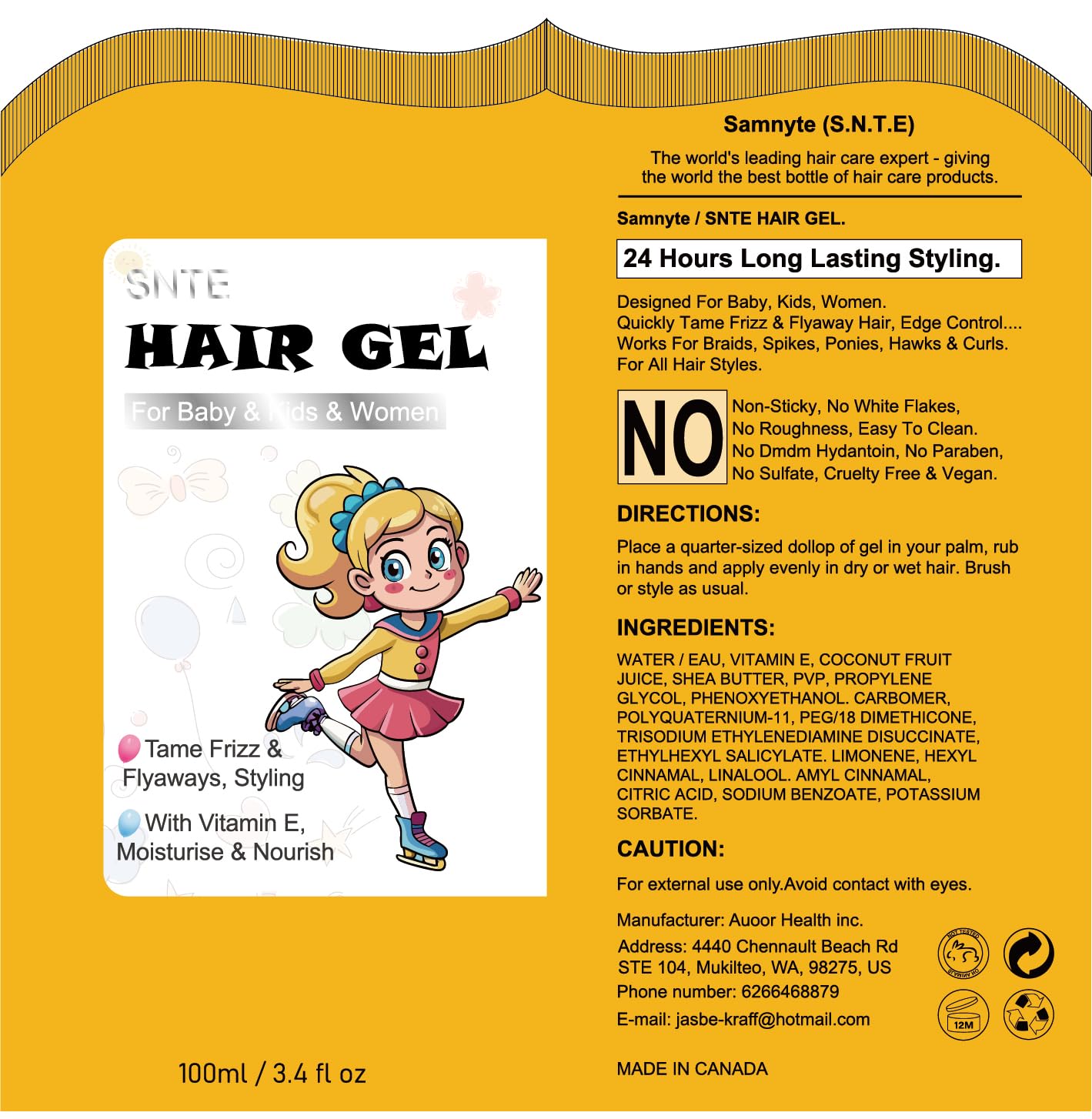 Samnyte Hair Gel for Kids – Flexible Hold, Vitamin E Moisturize & Nourish (3.4 Fl Oz)