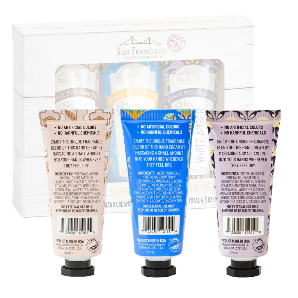 San Francisco Soap Company Botanical Hand Cream 3 Piece Set | Jasmine & Sandalwood, Lotus & Shea Butter, Violet & White Amber | Made in USA