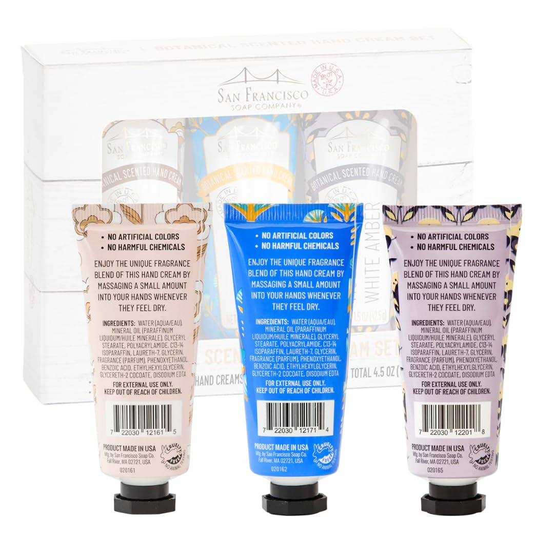 San Francisco Soap Company Botanical Hand Cream 3 Piece Set | Jasmine & Sandalwood, Lotus & Shea Butter, Violet & White Amber | Made in USA