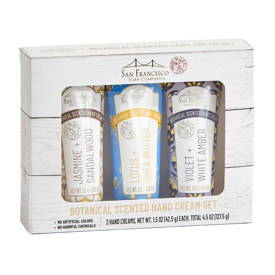 San Francisco Soap Company Botanical Hand Cream 3 Piece Set | Jasmine & Sandalwood, Lotus & Shea Butter, Violet & White Amber | Made in USA