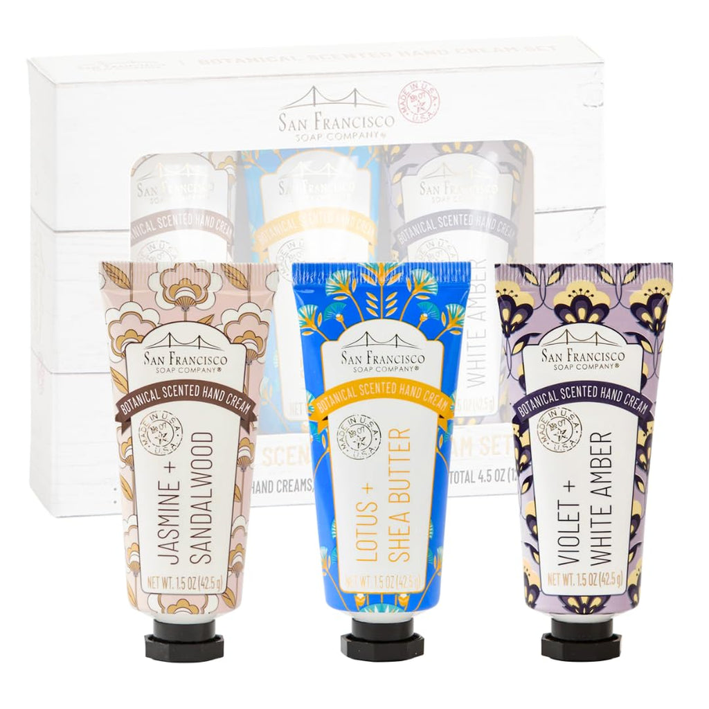 San Francisco Soap Company Botanical Hand Cream 3 Piece Set | Jasmine & Sandalwood, Lotus & Shea Butter, Violet & White Amber | Made in USA