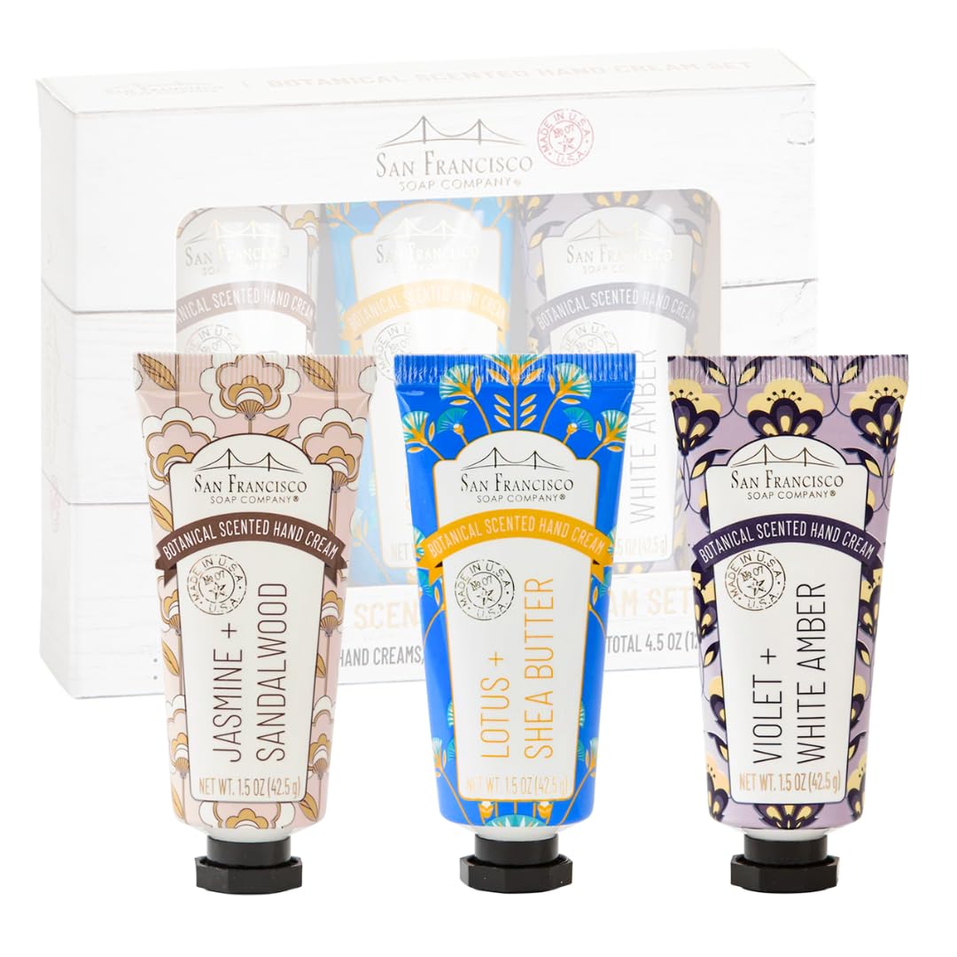 San Francisco Soap Company Botanical Hand Cream 3 Piece Set | Jasmine & Sandalwood, Lotus & Shea Butter, Violet & White Amber | Made in USA