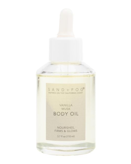 Sand + Fog Vanilla Musk Body Oil Dropper Glass Bottle – Nourishing, Glowing & Firming, 3.7 Fl Oz
