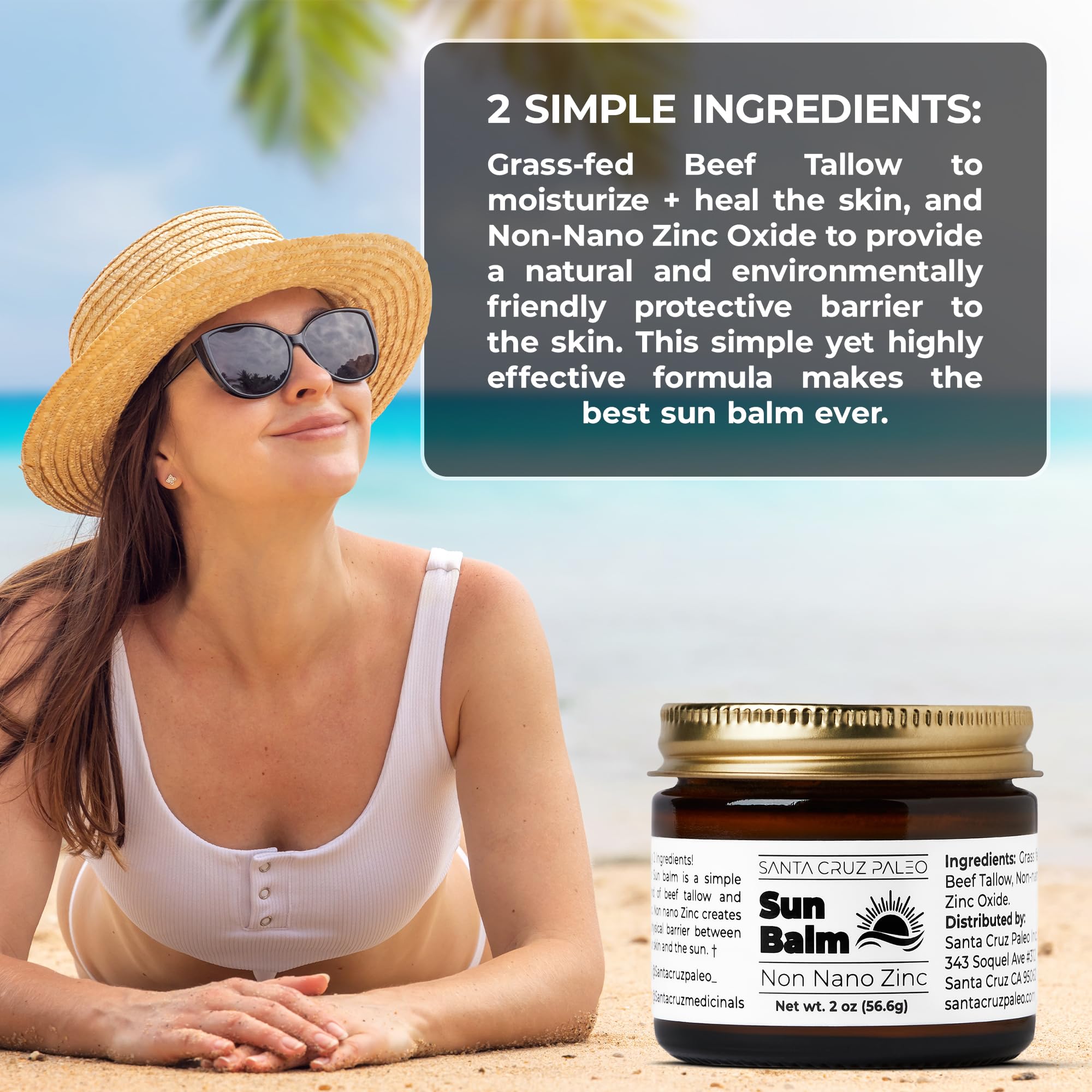 Santa Cruz Paleo Beef Tallow Sun Balm with Non-Nano Zinc Oxide – Unscented, Sunscreen Free, 2 oz