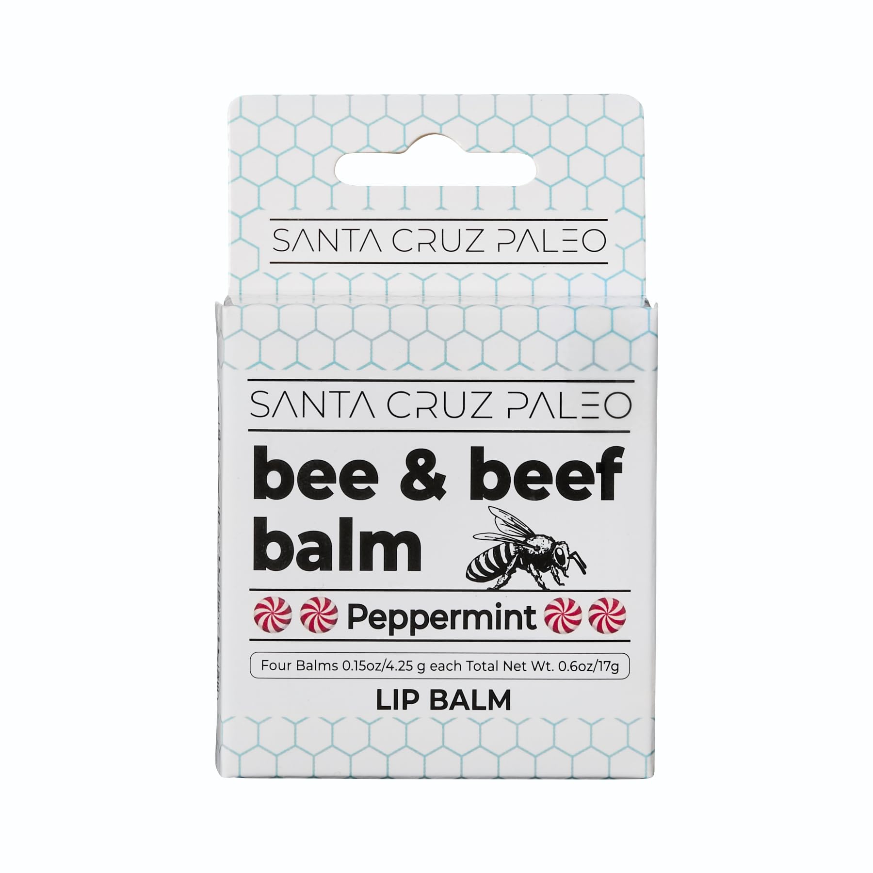 Santa Cruz Paleo Grass Fed Beef Tallow & Beeswax Peppermint Lip Balm – 4 Pack, Hypoallergenic & Long-Lasting