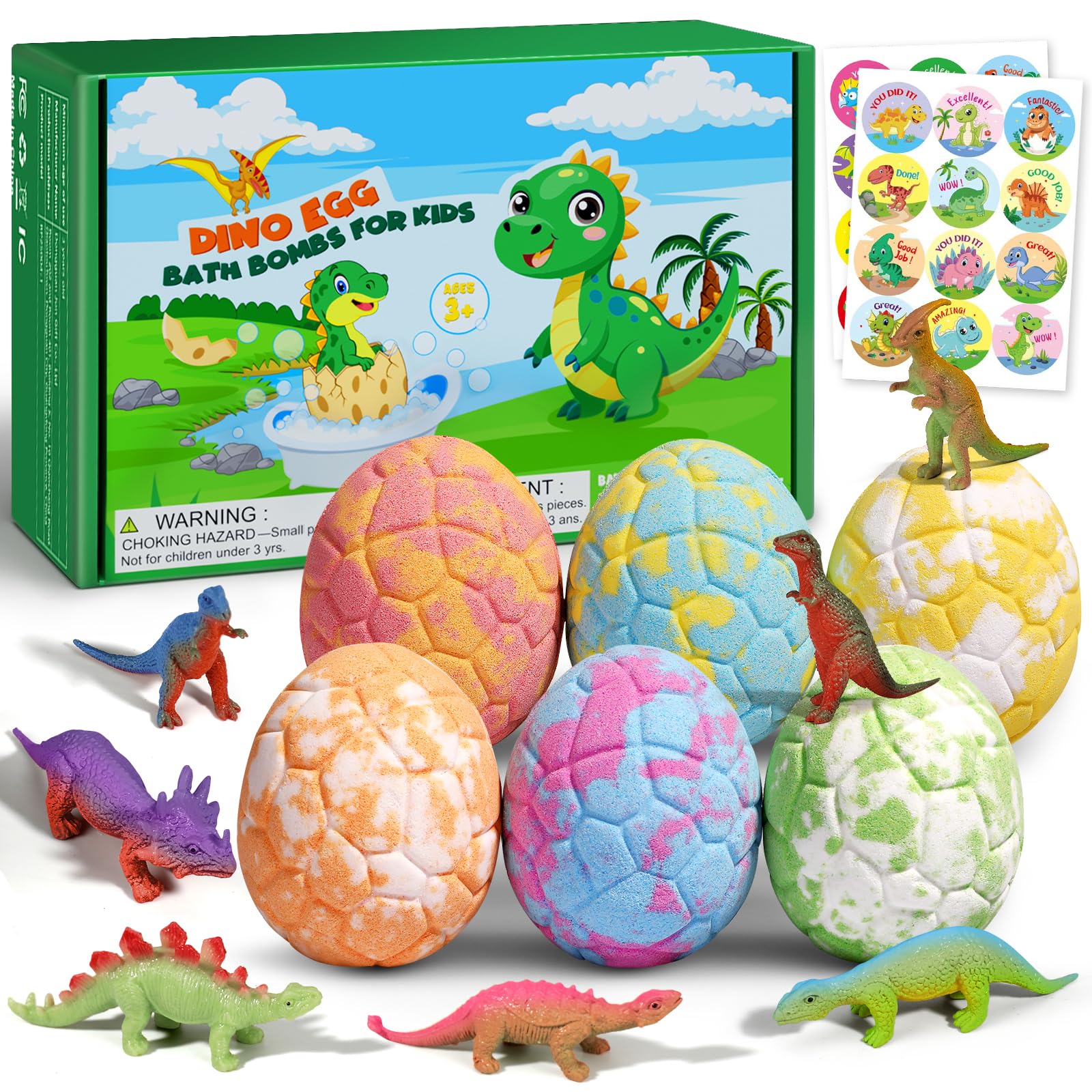 Sanyi Dino Egg Bath Bombs for Kids - 6 Colorful Bubbles & Toys Inside - Gift Ideas