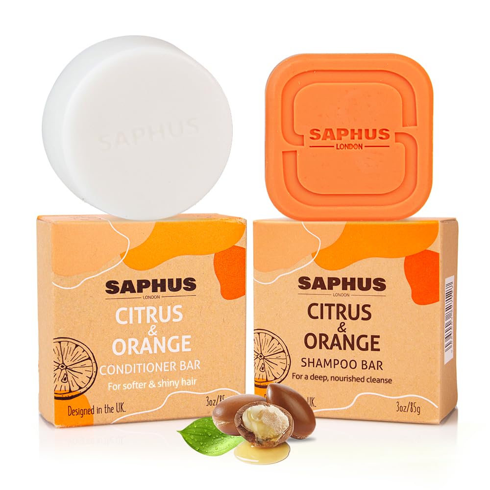 SAPHUS Argan Oil Shampoo & Conditioner Bar Set – Sulfate-Free, Citrus Orange, For Curly Dry Hair