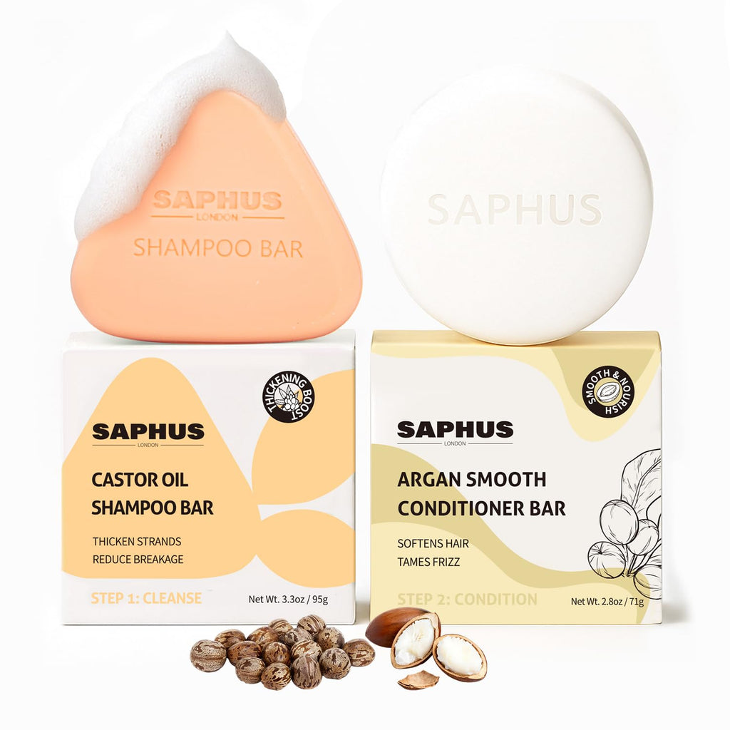 SAPHUS Castor Oil Shampoo Bar & Argan Conditioner Bar Set – Strengthening & Thickening Duo