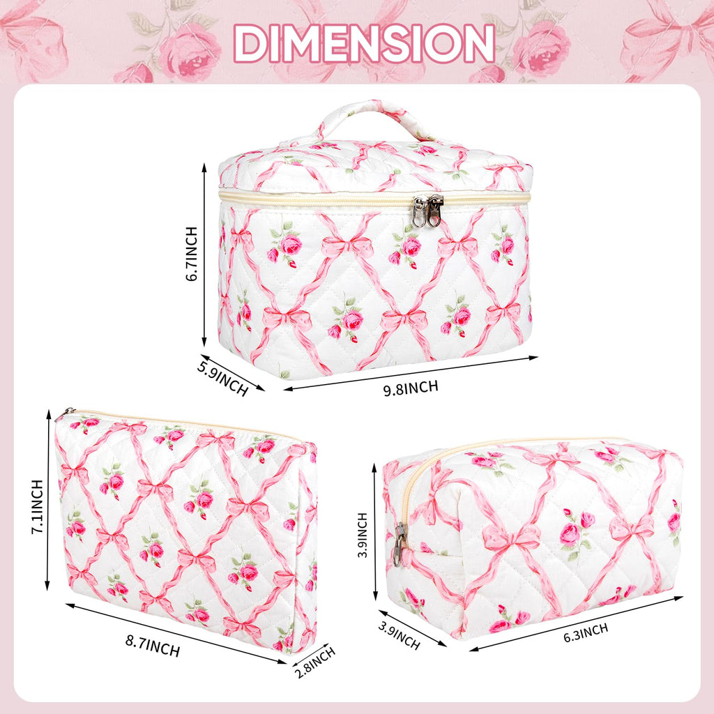 Sarrany 3Pcs Makeup Bag Set – Quilted Floral Cosmetic Bags, Wide-Open Access & Travel Organizer