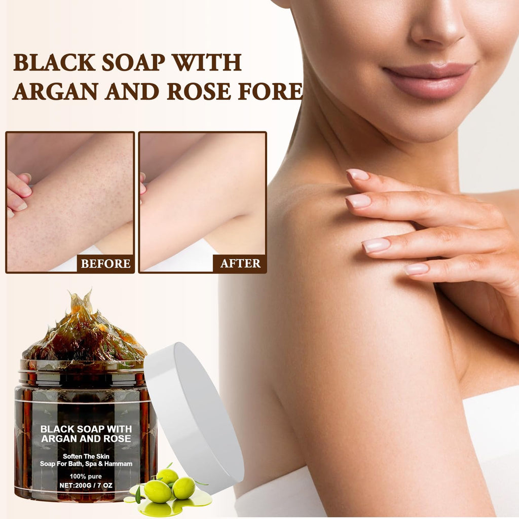 Satasiam Morocco Black Soap with Argan and Rose – Exfoliating Beldi Soap with Kessa Glove