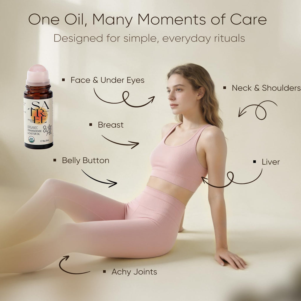 SATREE Organic Castor & Frankincense Oil with Rose Quartz Rollerball – USDA Roll-On
