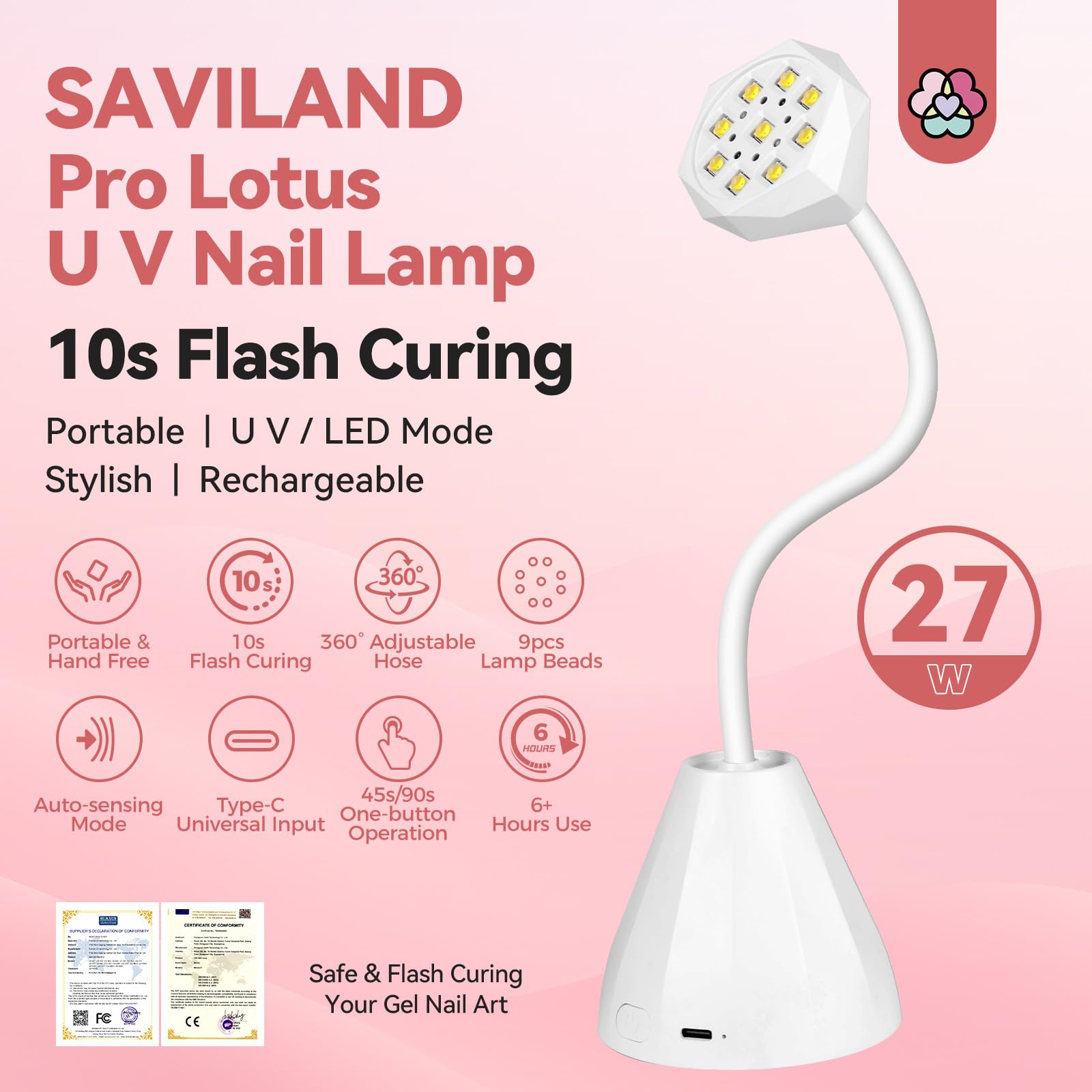 SAVILAND 27W UV Light for Gel Nails | Smart Sensor Gooseneck Lamp with 10s Flash Cure