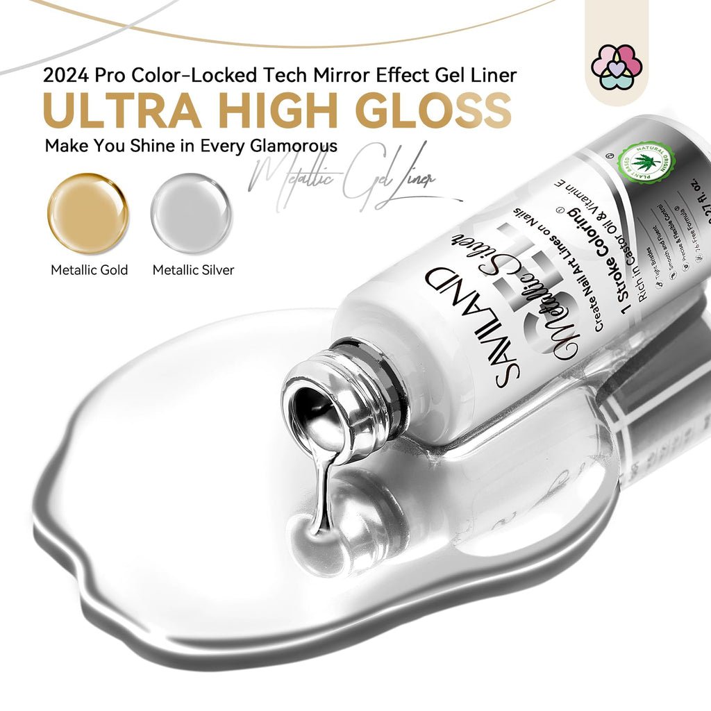 SAVILAND Metallic Gel Liner Nail Art – Silver & Gold Chrome 3D Mirror Gels (2x8ml)
