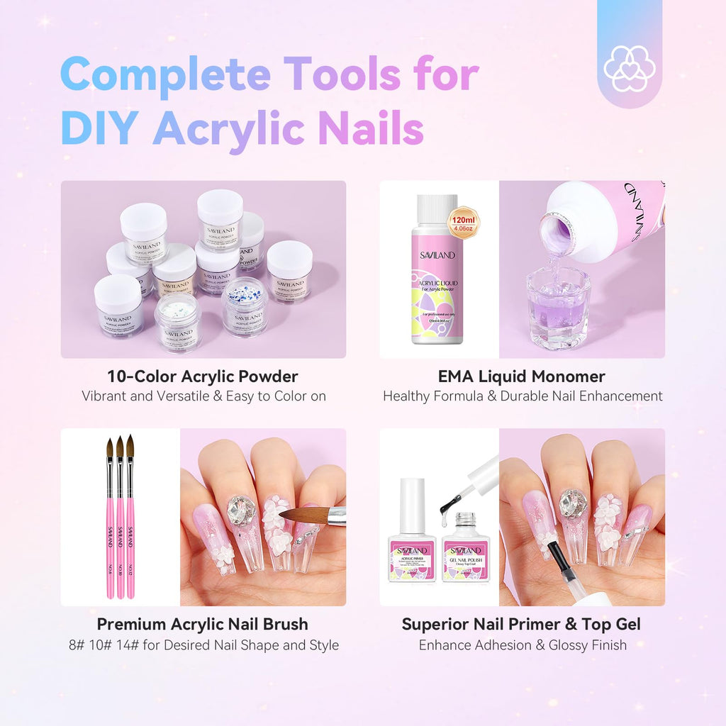 Saviland Acrylic Nail Kit — 10 Powders, 48W Lamp, 20K RPM Drill, Complete Home Set