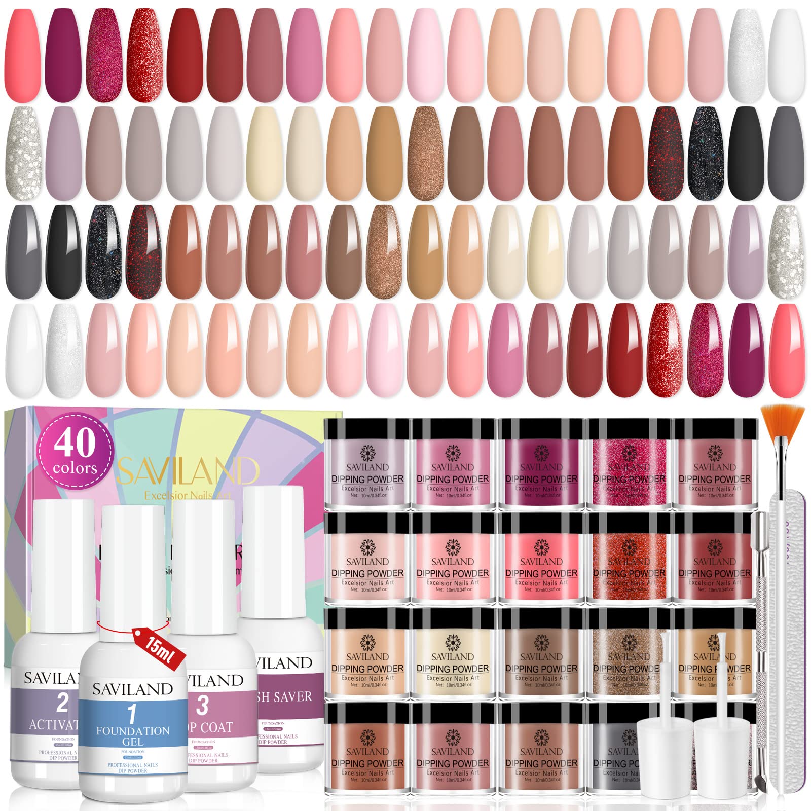 SAVILAND 49 PCS Dip Nails Starter Kit – 40 Colors, Air-Dry Formula, Base, Top Coat & Activator