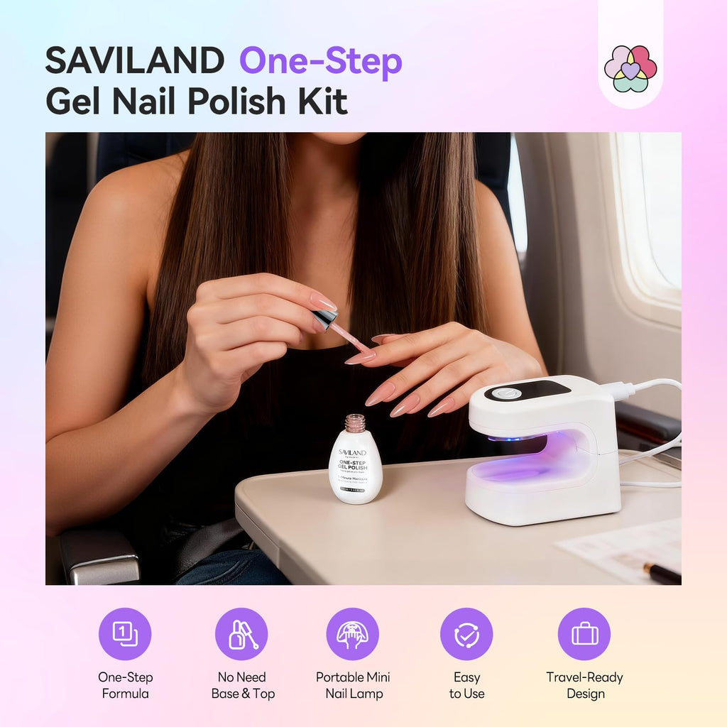 SAVILAND One-Step Gel Nail Polish Kit – Sheer Jelly Nude 5-in-1, Quick-Cure UV Lamp, Home DIY Manicure