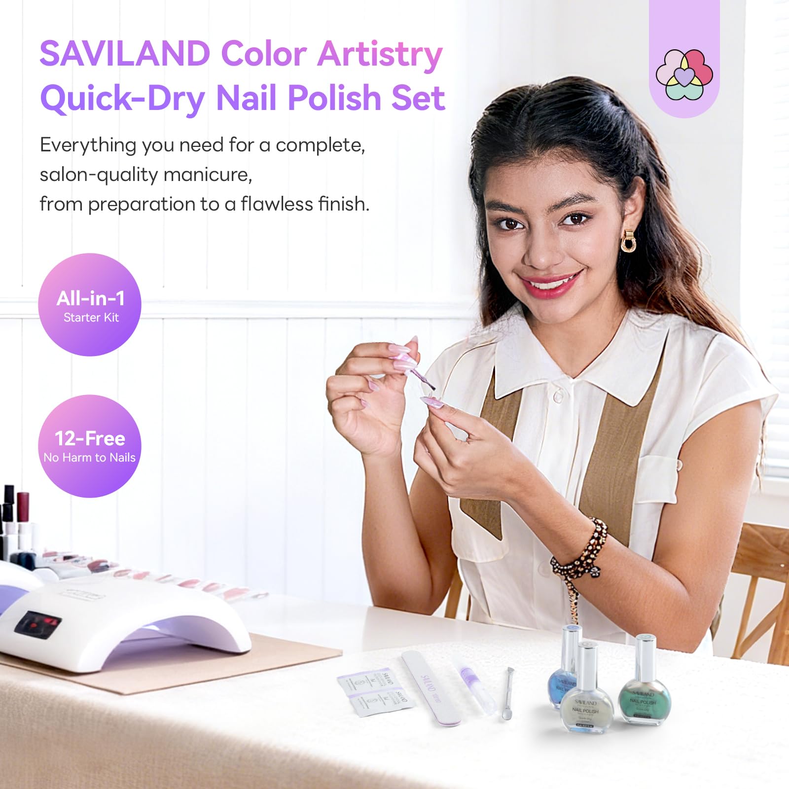 SAVILAND Quick-Dry Aurora Nail Polish Kit | 6+1 Colors, 12-Free, 60–120s Dry, 3-in-1 Base Top Coat + Cuticle Oil