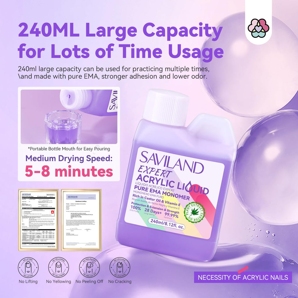 SAVILAND 8oz EMA Liquid Monomer - Odorless, Pure Acrylic for Nail Techs