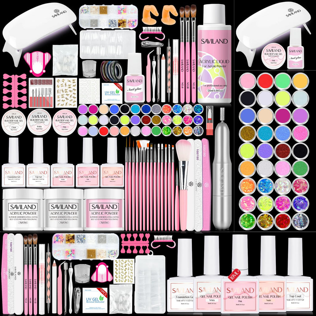 SAVILAND Acrylic Nail Kit with Drill – DIY Nail Extensions, Gel Polish & Portable Lamp