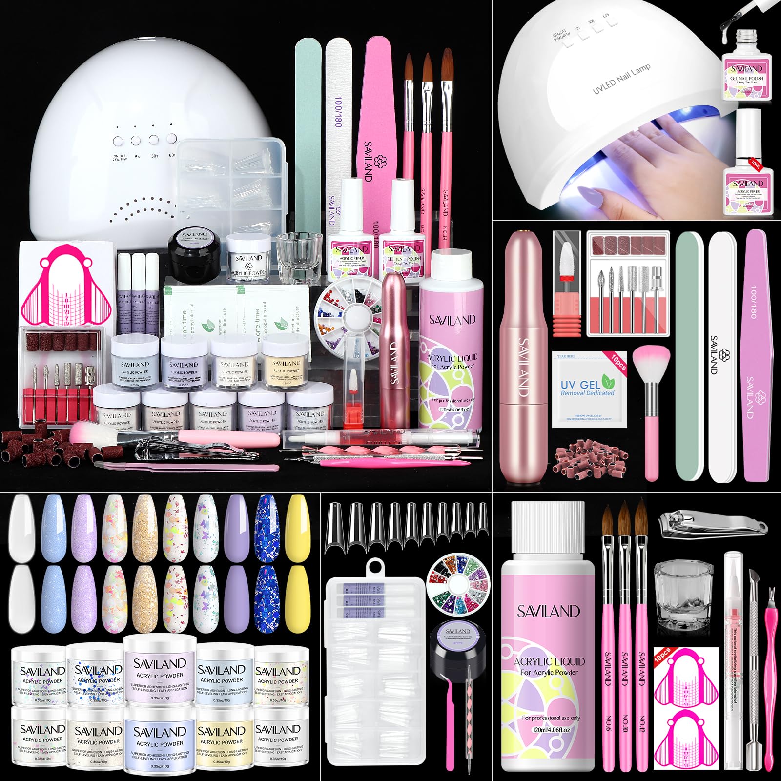 Saviland Acrylic Nail Kit — 10 Powders, 48W Lamp, 20K RPM Drill, Complete Home Set