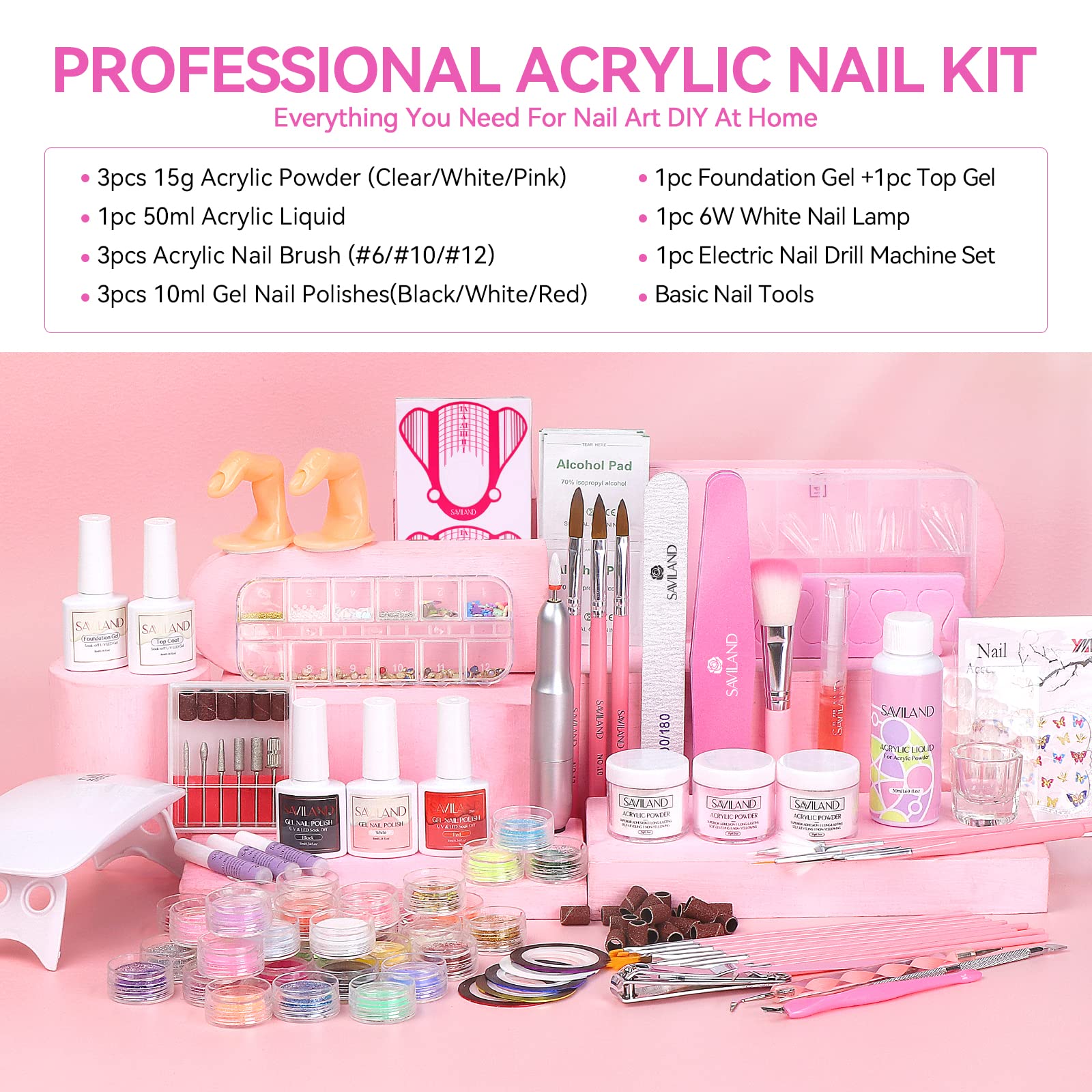 SAVILAND Acrylic Nail Kit with Drill & UV Light – Clear/Pink/White Powders + Black/White/Pink Gel Polish for DIY Nails