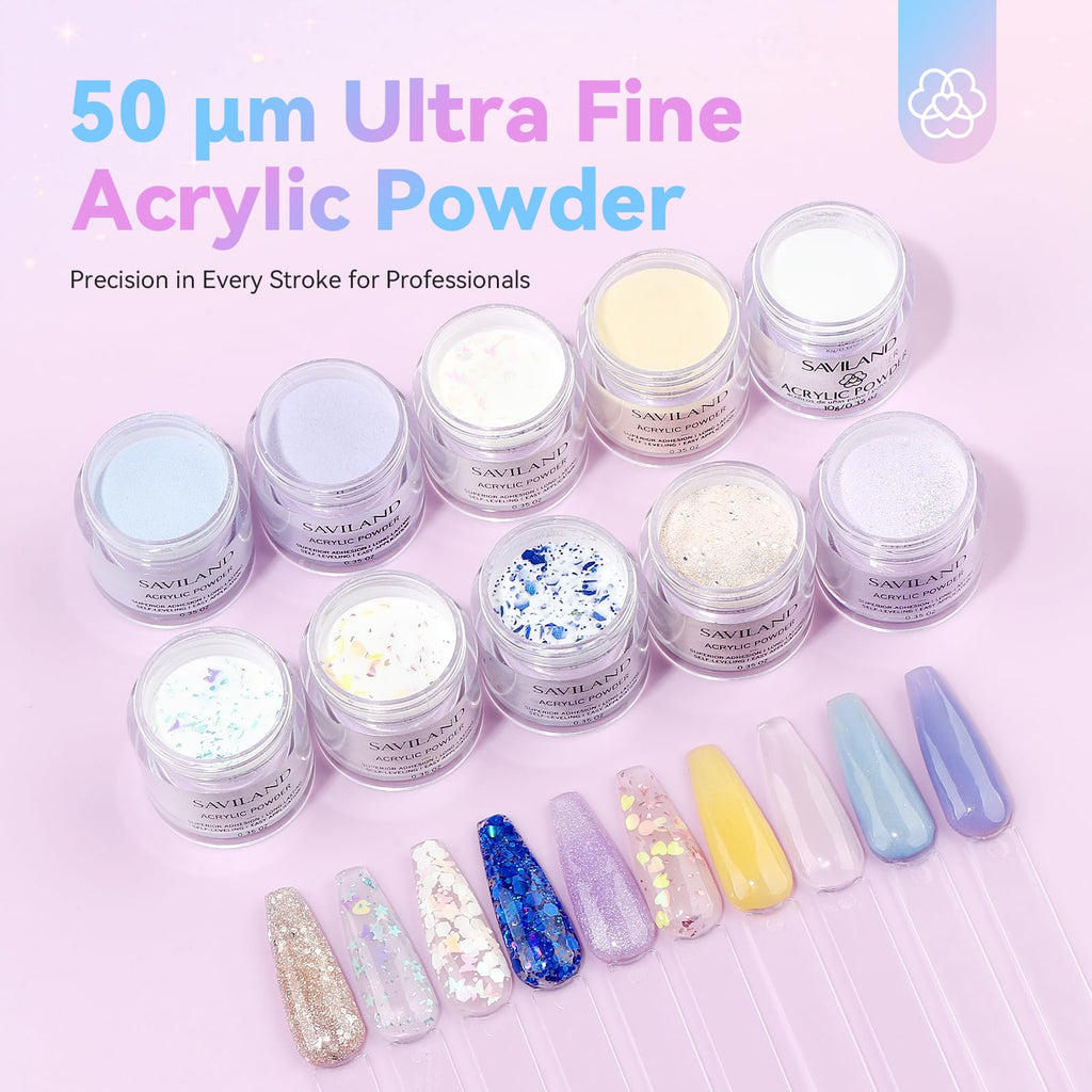 Saviland Acrylic Nail Kit — 10 Powders, 48W Lamp, 20K RPM Drill, Complete Home Set