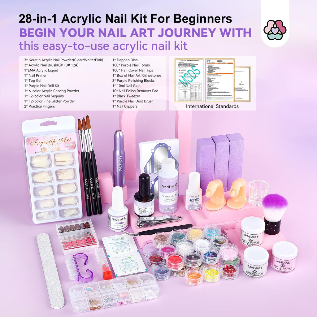 SAVILAND 28-in-1 Acrylic Nail Kit with Drill – DIY Home Manicure for Beginners