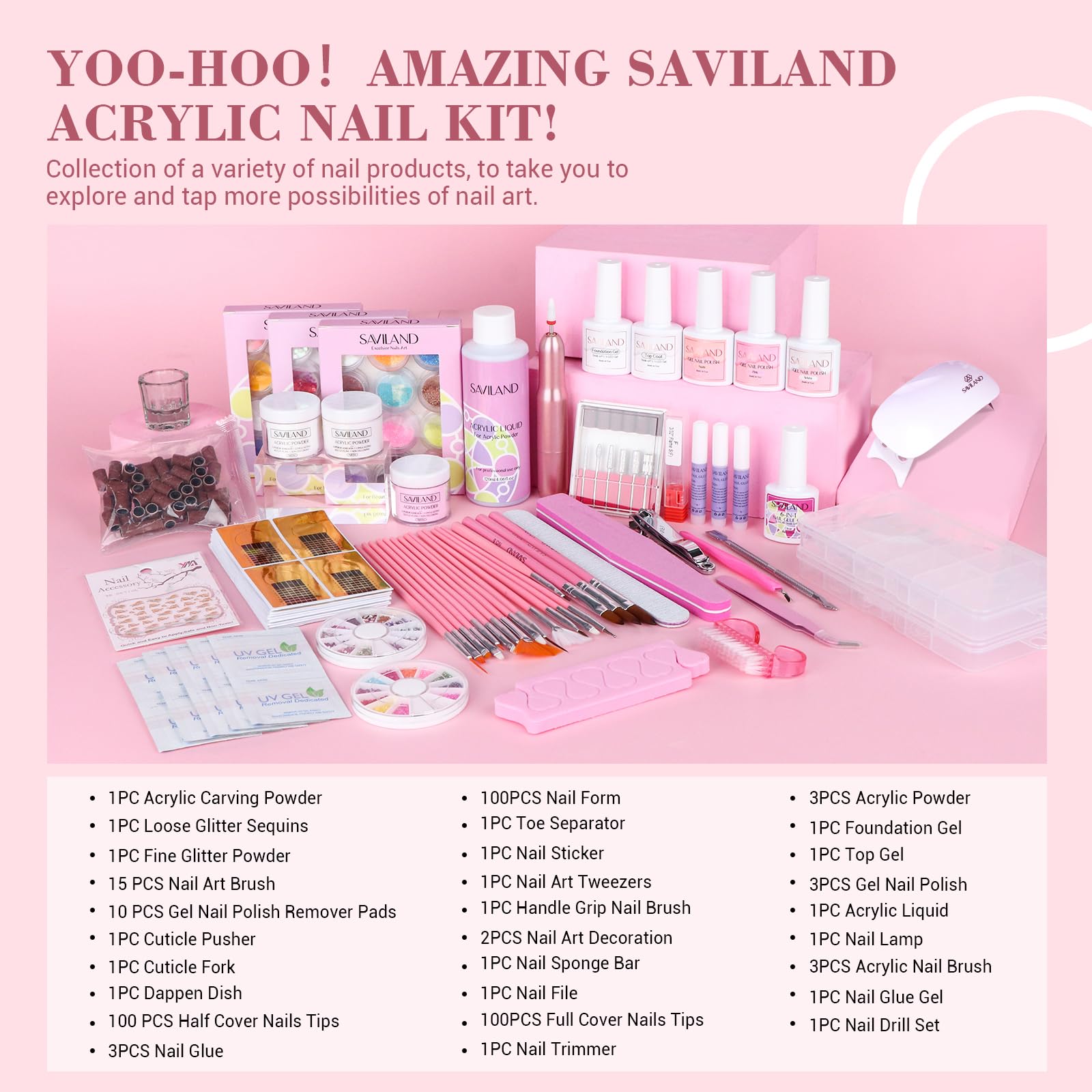 SAVILAND Essentials Acrylic Nail Kit for Beginners – 120ml Monomer, Glitter Powder, Nail Drill & UV Lamp