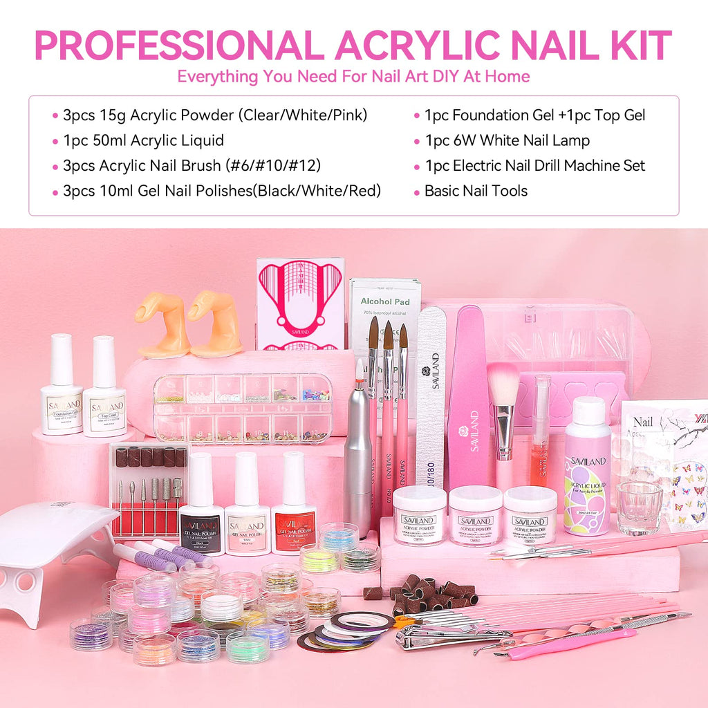 SAVILAND 1# Acrylic Nail Kit for Beginners — All-in-One Starter Set with Gel Polish, Drill & UV Light