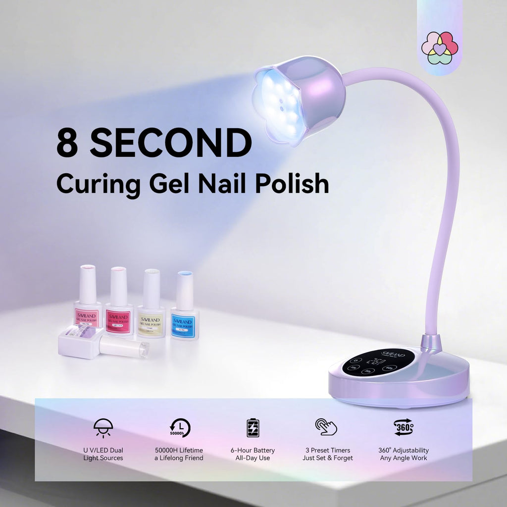 SAVILAND Advanced 30W UV Nail Lamp – 8S Gel Cure, Cordless Gooseneck, Purple Light