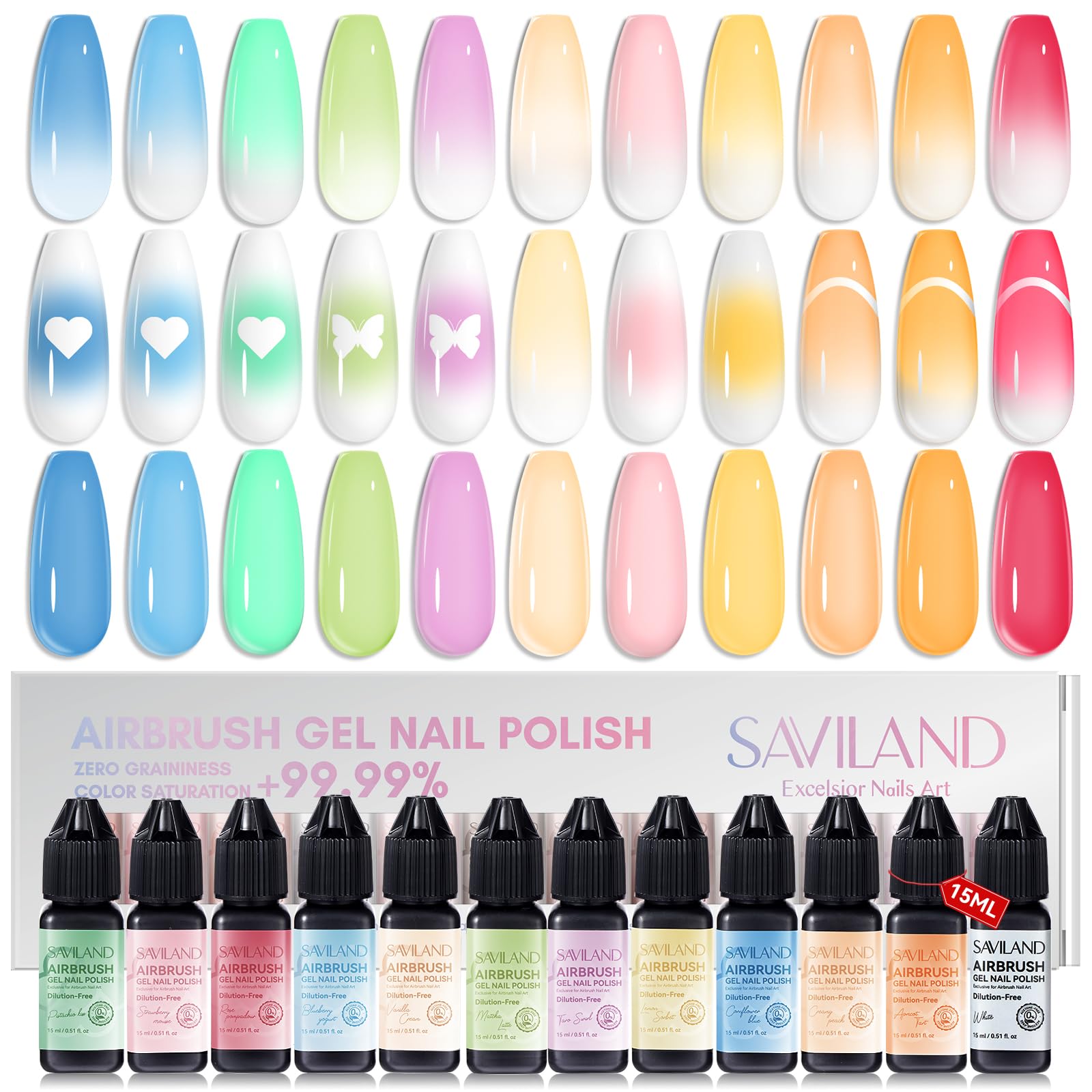 SAVILAND Airbrush Gel Nail Polish – Hema-Free, No-Dilution, 12-Piece 15ml Set