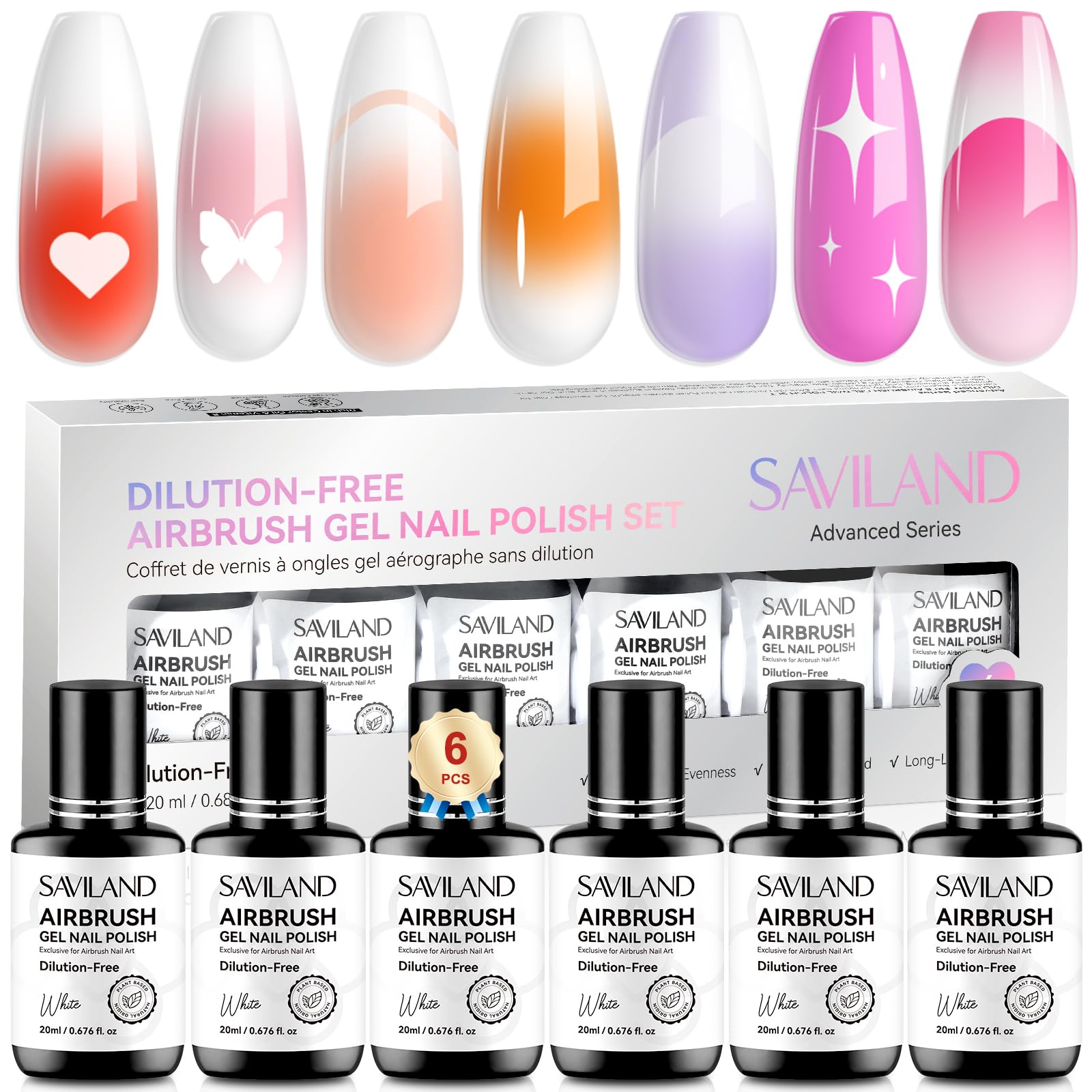 SAVILAND Dilution-Free Airbrush Gel Nail Polish – White 6x20ml, HEMA-Free, 0-Acetone
