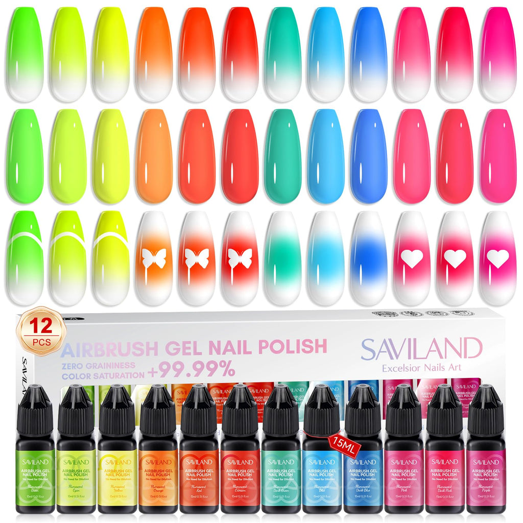 SAVILAND Airbrush Gel Nail Polish Hema-Free – 12 Fluorescent Shades, Non-Acetone, 30s Cure