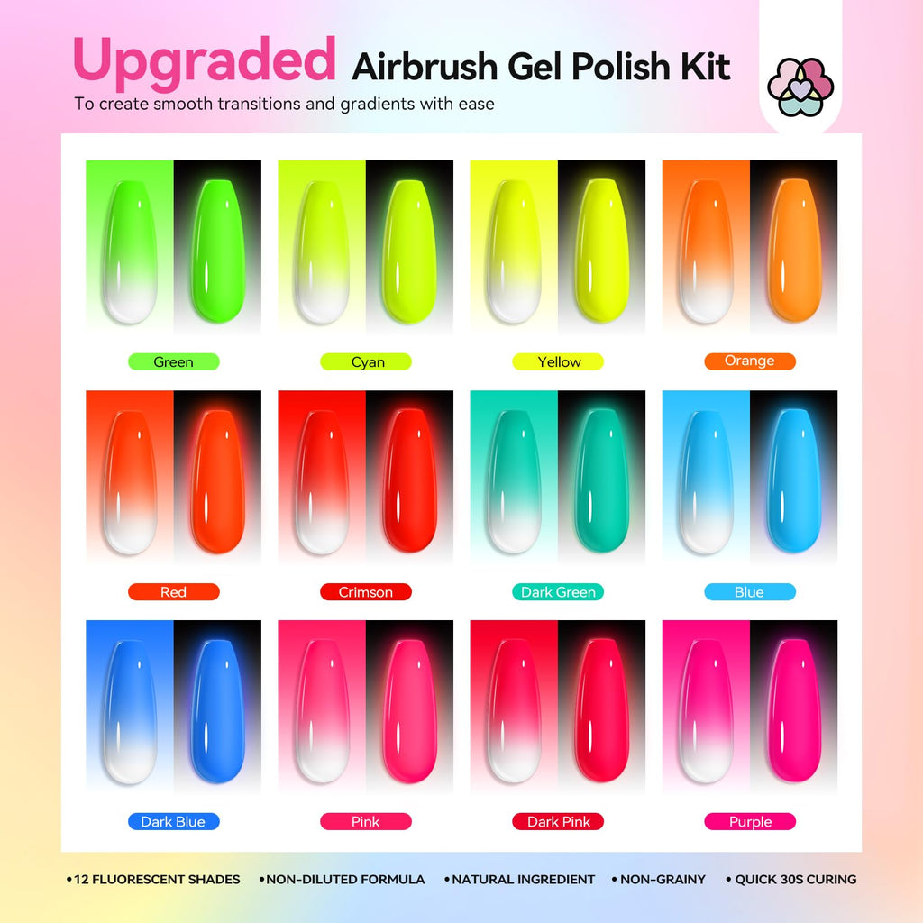 SAVILAND Airbrush Gel Nail Polish Hema-Free – 12 Fluorescent Shades, Non-Acetone, 30s Cure