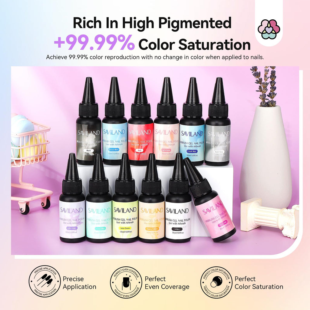 SAVILAND Airbrush Gel Nail Polish Set – Hema-Free, 30ml, No-Dilution, 12 Colors for Nail Art