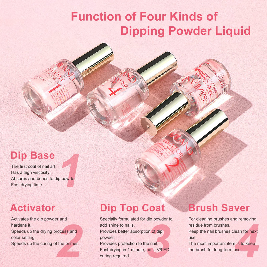 SAVILAND Dip Powder Liquid Set – HEMA-Free Base/Top Coat, Activator, Brush Saver, Nail Files (10 Pcs)