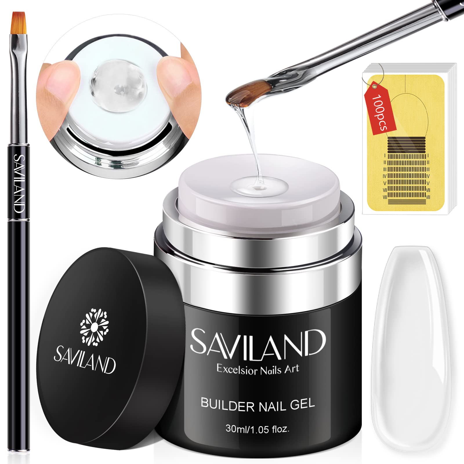 SAVILAND Builder Gel for Nails – 30ml Clear Hard Gel with Air-Cushion Design, Nail Forms & Brush