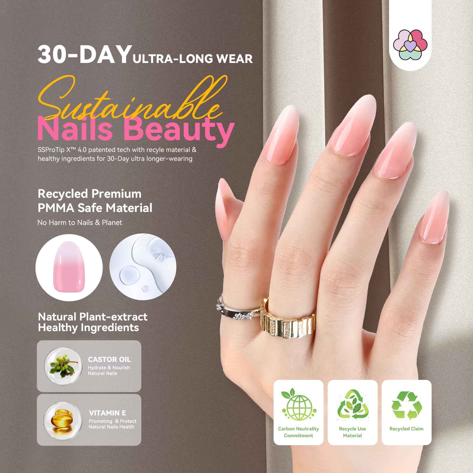 SAVILAND Almond Nail Tips – 96 Pcs, 16 Sizes, Pink White Ombre, 30 Days Wear