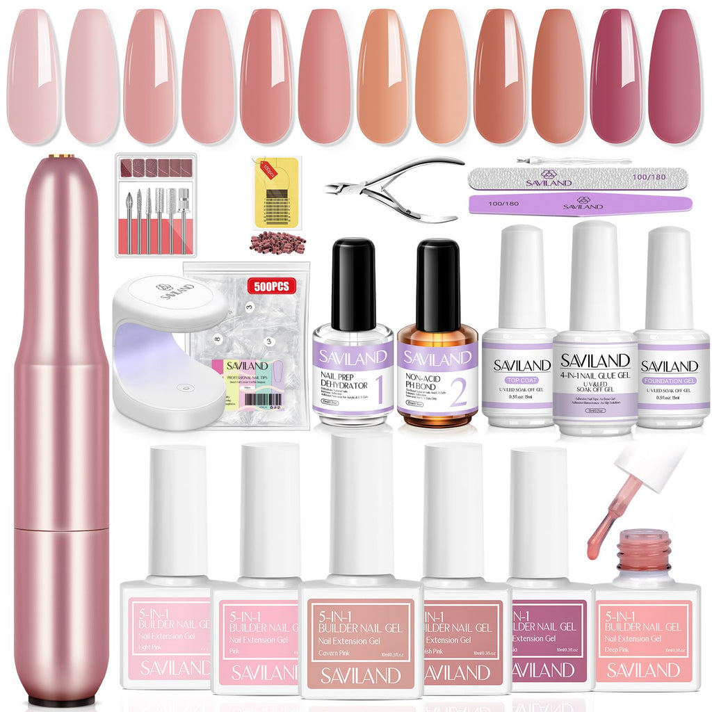 SAVILAND Builder Nail Gel Kit with Nail Drill — 6 Colors, 10 ml Gel, Mini UV Lamp